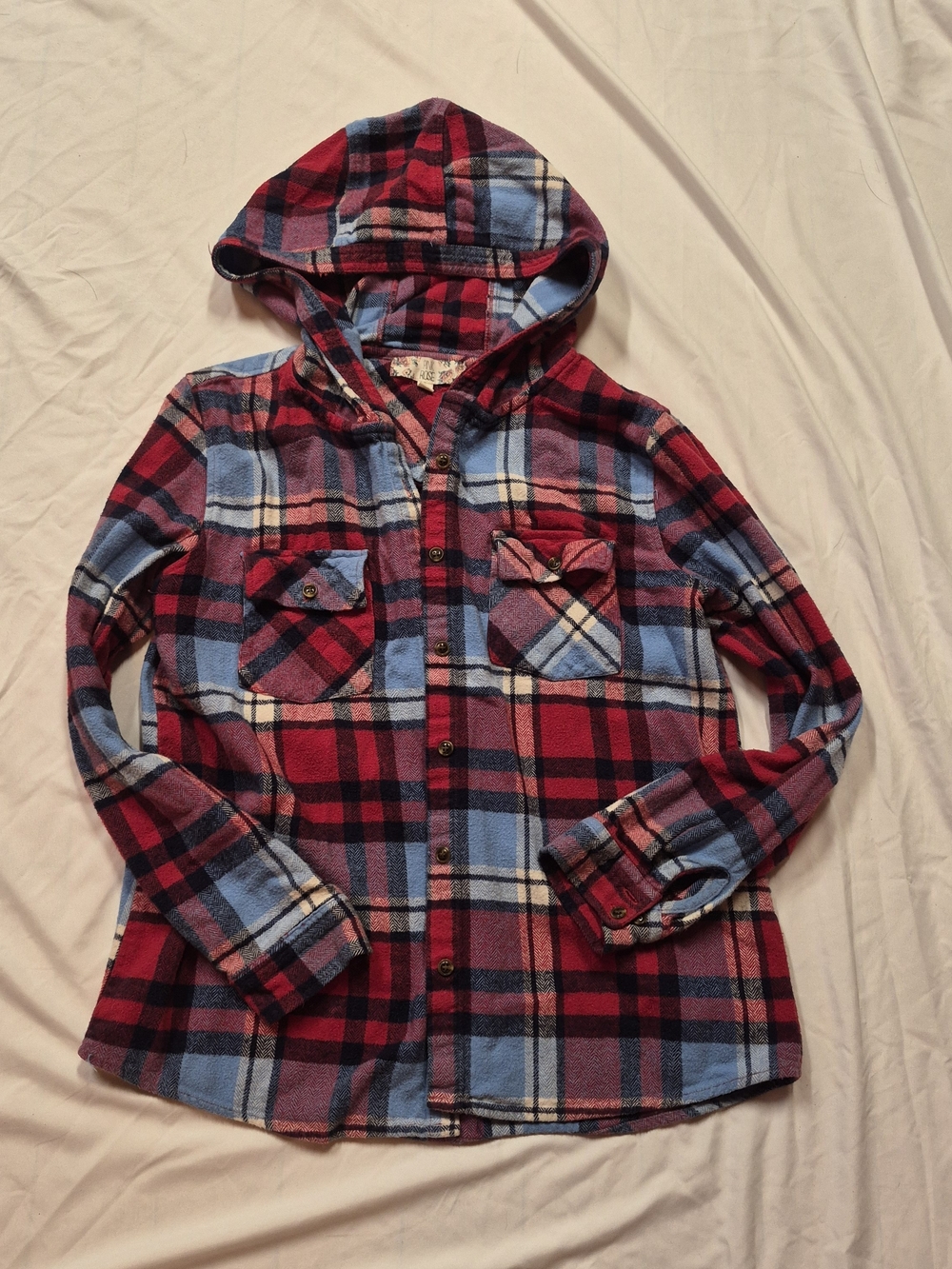 Kids Hooded Plaid Flannel Shirt Jacket - Red & Blue